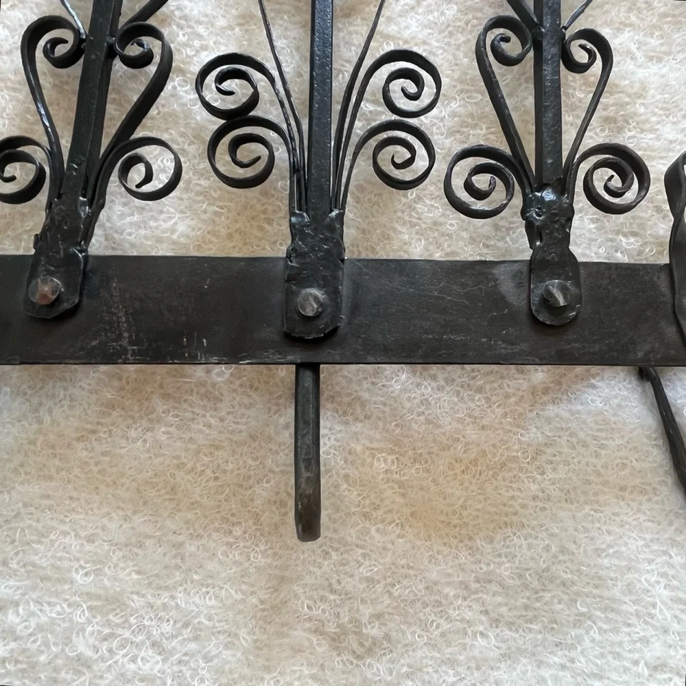 Vintage ?Antique Forged Iron Rack Hand Wrought Primitive Hanging Hooks w Birds